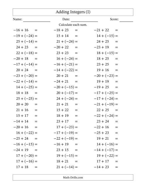 The Adding Integers from (-25) to 25 (Negative Numbers in Parentheses) (I) Math Worksheet