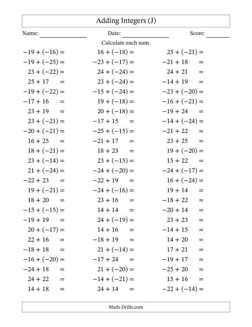 The Adding Integers from (-25) to 25 (Negative Numbers in Parentheses) (J) Math Worksheet