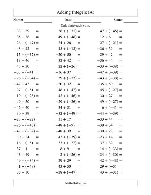 The Adding Integers from (-50) to 50 (Negative Numbers in Parentheses) (A) Math Worksheet