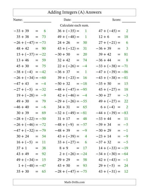 The Adding Integers from (-50) to 50 (Negative Numbers in Parentheses) (A) Math Worksheet Page 2