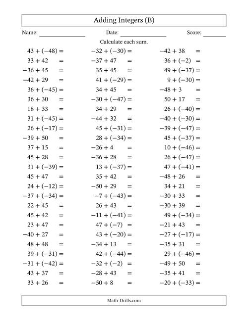 The Adding Integers from (-50) to 50 (Negative Numbers in Parentheses) (B) Math Worksheet