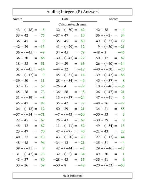 The Adding Integers from (-50) to 50 (Negative Numbers in Parentheses) (B) Math Worksheet Page 2
