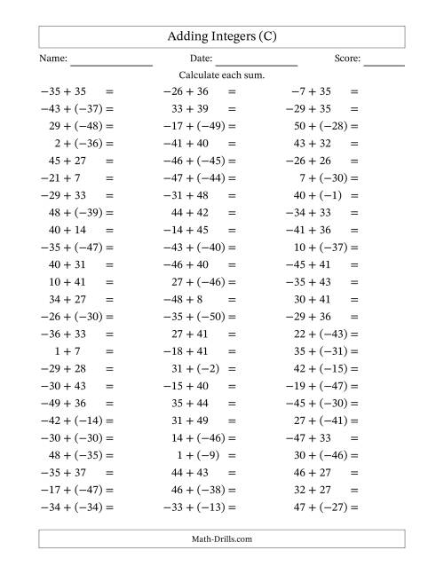 The Adding Integers from (-50) to 50 (Negative Numbers in Parentheses) (C) Math Worksheet