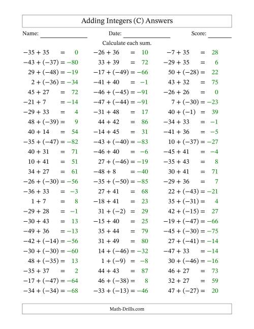 The Adding Integers from (-50) to 50 (Negative Numbers in Parentheses) (C) Math Worksheet Page 2