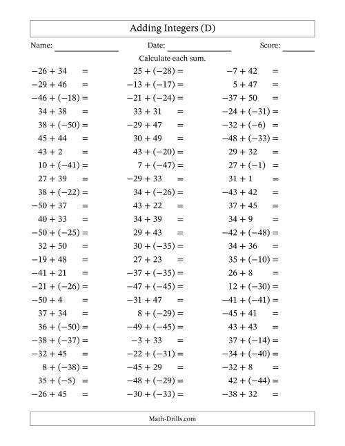 The Adding Integers from (-50) to 50 (Negative Numbers in Parentheses) (D) Math Worksheet