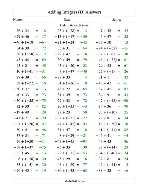 The Adding Integers from (-50) to 50 (Negative Numbers in Parentheses) (D) Math Worksheet Page 2