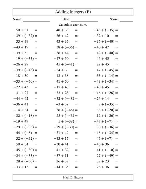 The Adding Integers from (-50) to 50 (Negative Numbers in Parentheses) (E) Math Worksheet