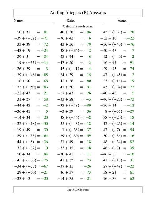 The Adding Integers from (-50) to 50 (Negative Numbers in Parentheses) (E) Math Worksheet Page 2