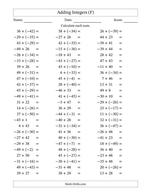 The Adding Integers from (-50) to 50 (Negative Numbers in Parentheses) (F) Math Worksheet