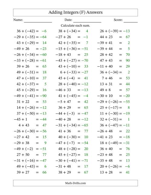 The Adding Integers from (-50) to 50 (Negative Numbers in Parentheses) (F) Math Worksheet Page 2