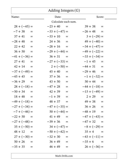 The Adding Mixed Integers from -50 to 50 (75 Questions) (G) Math Worksheet
