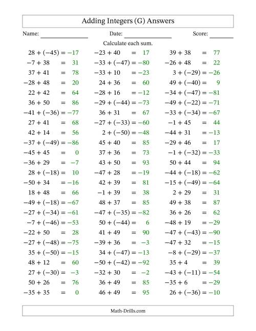 The Adding Integers from (-50) to 50 (Negative Numbers in Parentheses) (G) Math Worksheet Page 2