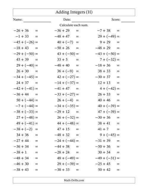 The Adding Integers from (-50) to 50 (Negative Numbers in Parentheses) (H) Math Worksheet