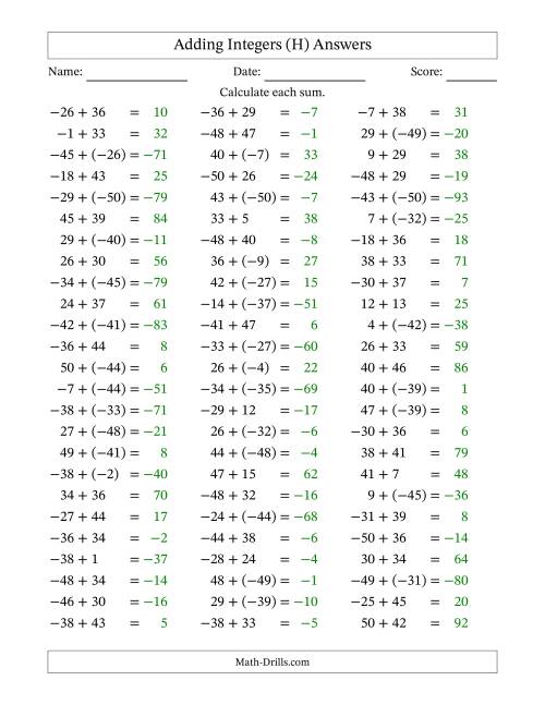 The Adding Integers from (-50) to 50 (Negative Numbers in Parentheses) (H) Math Worksheet Page 2