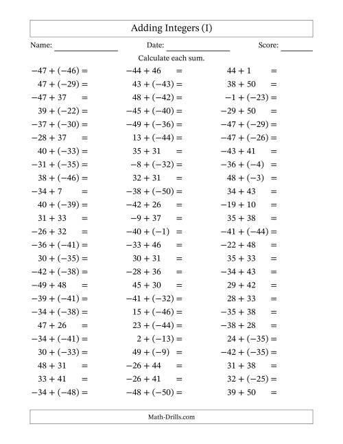 The Adding Integers from (-50) to 50 (Negative Numbers in Parentheses) (I) Math Worksheet