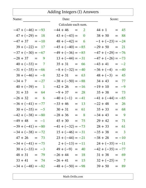 The Adding Integers from (-50) to 50 (Negative Numbers in Parentheses) (I) Math Worksheet Page 2