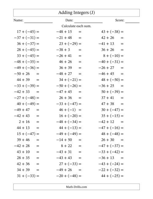 The Adding Integers from (-50) to 50 (Negative Numbers in Parentheses) (J) Math Worksheet