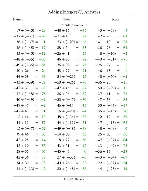 The Adding Integers from (-50) to 50 (Negative Numbers in Parentheses) (J) Math Worksheet Page 2