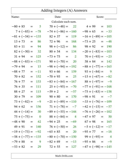 The Adding Integers from (-99) to 99 (Negative Numbers in Parentheses) (A) Math Worksheet Page 2