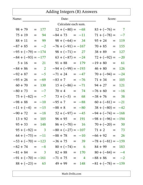 The Adding Mixed Integers from -99 to 99 (75 Questions) (B) Math Worksheet Page 2