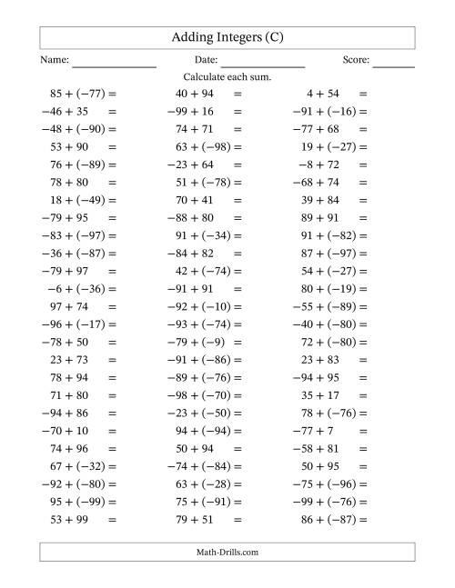 The Adding Mixed Integers from -99 to 99 (75 Questions) (C) Math Worksheet