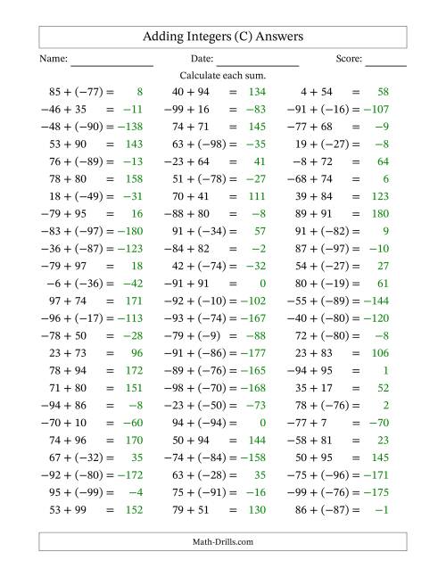 The Adding Mixed Integers from -99 to 99 (75 Questions) (C) Math Worksheet Page 2