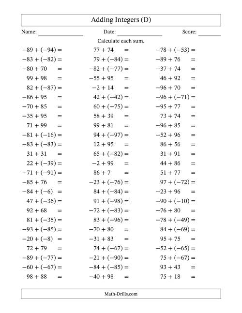 The Adding Mixed Integers from -99 to 99 (75 Questions) (D) Math Worksheet