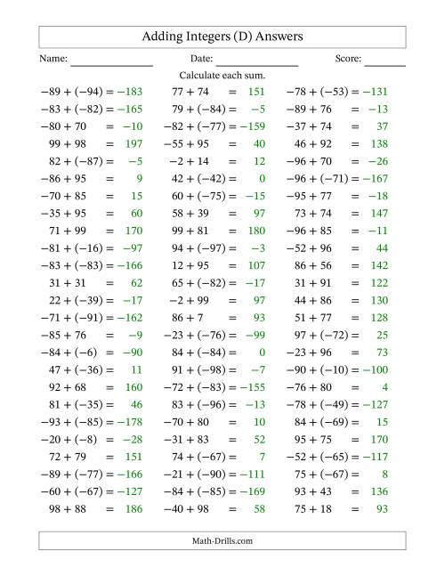 The Adding Mixed Integers from -99 to 99 (75 Questions) (D) Math Worksheet Page 2
