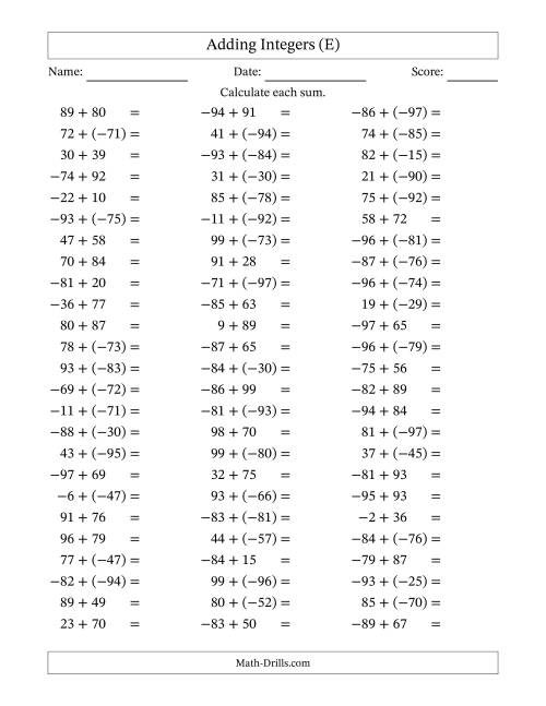 The Adding Mixed Integers from -99 to 99 (75 Questions) (E) Math Worksheet