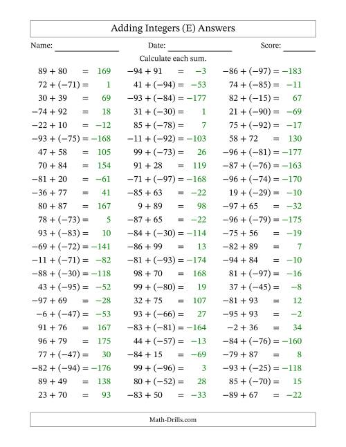 The Adding Mixed Integers from -99 to 99 (75 Questions) (E) Math Worksheet Page 2