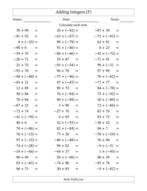 The Adding Mixed Integers from -99 to 99 (75 Questions) (F) Math Worksheet