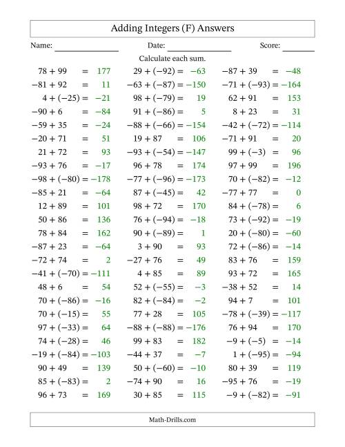 The Adding Mixed Integers from -99 to 99 (75 Questions) (F) Math Worksheet Page 2