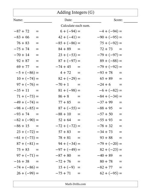 The Adding Mixed Integers from -99 to 99 (75 Questions) (G) Math Worksheet