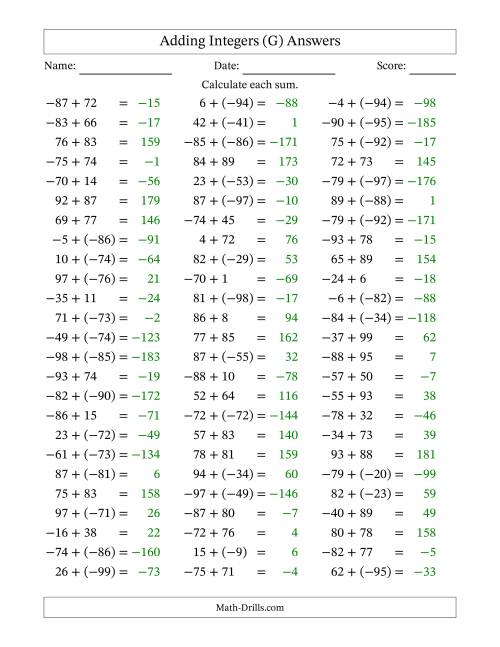 The Adding Mixed Integers from -99 to 99 (75 Questions) (G) Math Worksheet Page 2