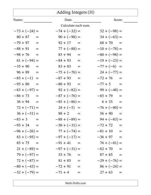 The Adding Mixed Integers from -99 to 99 (75 Questions) (H) Math Worksheet