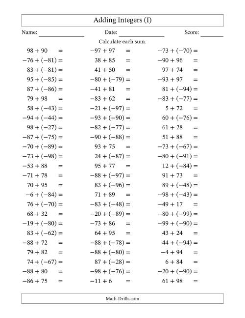 The Adding Mixed Integers from -99 to 99 (75 Questions) (I) Math Worksheet
