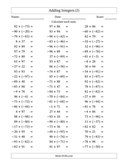 The Adding Mixed Integers from -99 to 99 (75 Questions) (J) Math Worksheet