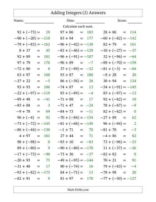 The Adding Mixed Integers from -99 to 99 (75 Questions) (J) Math Worksheet Page 2