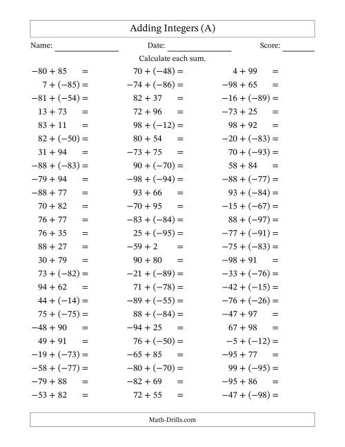 The Adding Mixed Integers from -99 to 99 (75 Questions) (All) Math Worksheet