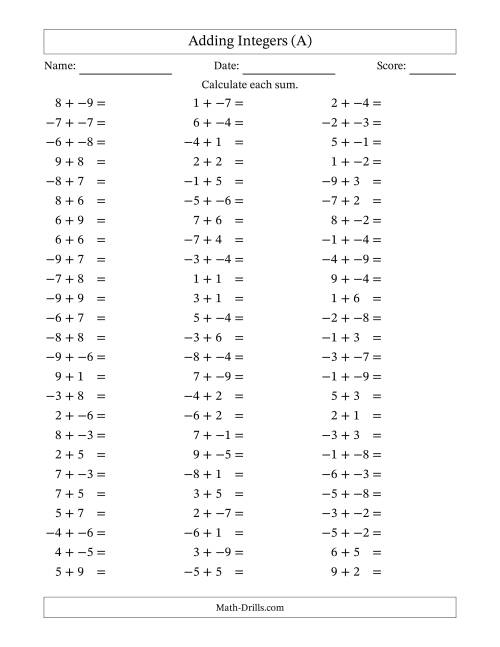 The Adding Integers from -9 to 9 (No Parentheses) (A) Math Worksheet