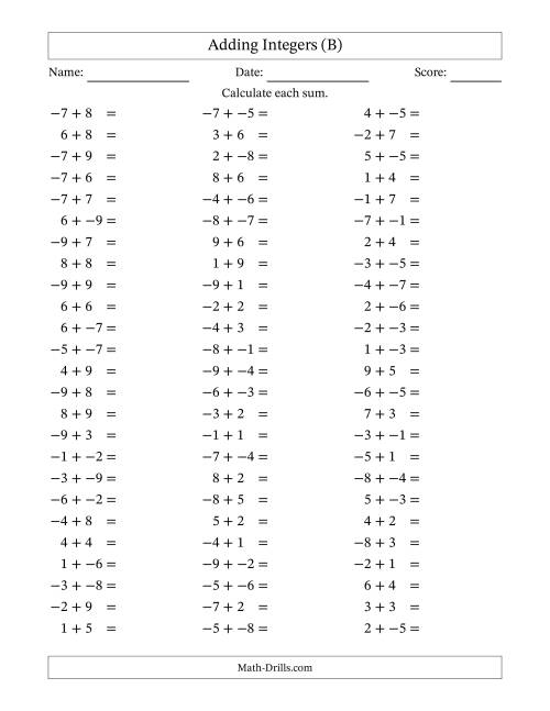 The Adding Integers from -9 to 9 (No Parentheses) (B) Math Worksheet