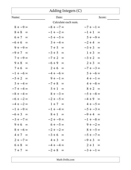 The Adding Integers from -9 to 9 (No Parentheses) (C) Math Worksheet