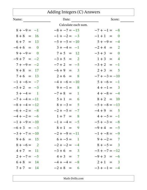 The Adding Integers from -9 to 9 (No Parentheses) (C) Math Worksheet Page 2