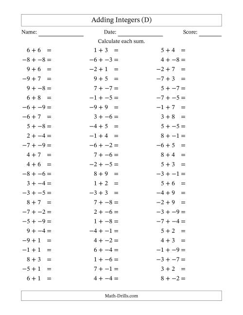 The Adding Integers from -9 to 9 (No Parentheses) (D) Math Worksheet