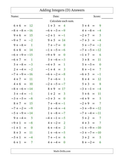 The Adding Mixed Integers from -9 to 9 (75 Questions; No Parentheses) (D) Math Worksheet Page 2