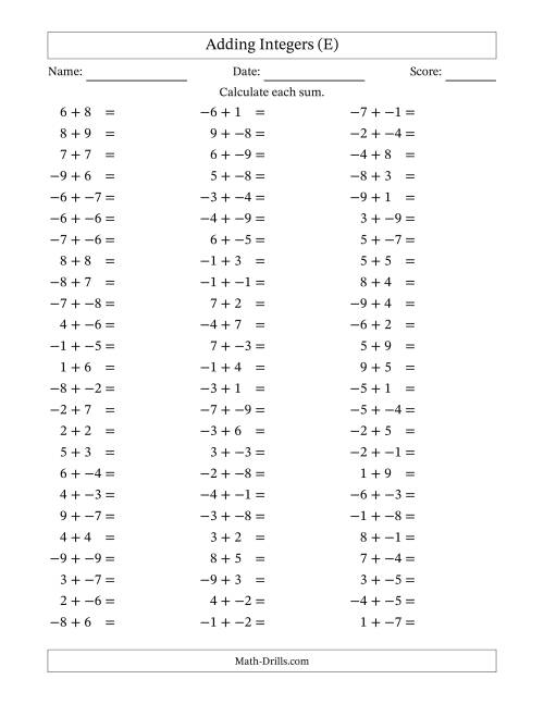 The Adding Integers from -9 to 9 (No Parentheses) (E) Math Worksheet
