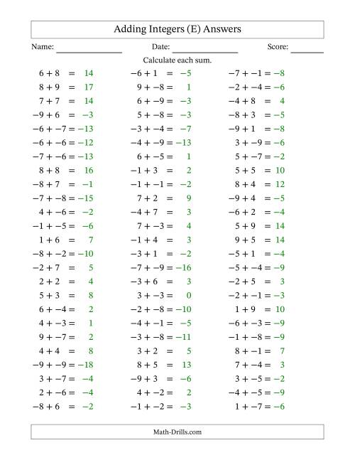 The Adding Integers from -9 to 9 (No Parentheses) (E) Math Worksheet Page 2