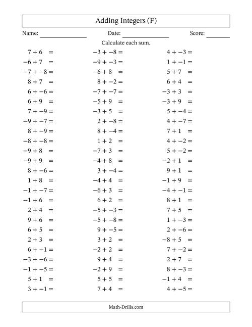 The Adding Integers from -9 to 9 (No Parentheses) (F) Math Worksheet