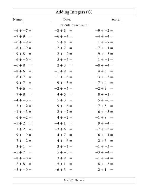 The Adding Integers from -9 to 9 (No Parentheses) (G) Math Worksheet