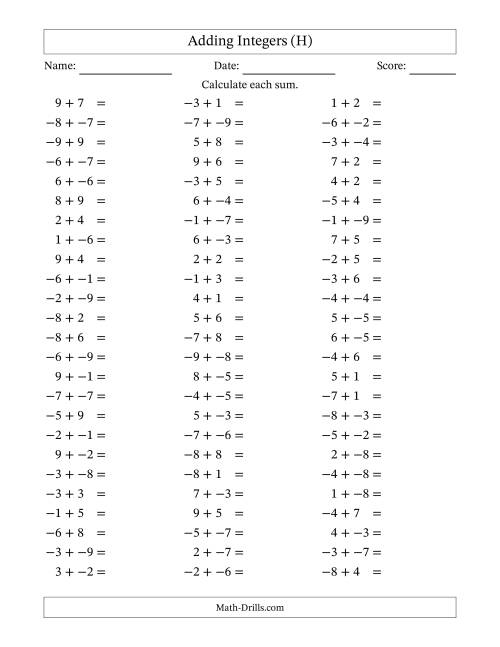 The Adding Mixed Integers from -9 to 9 (75 Questions; No Parentheses) (H) Math Worksheet